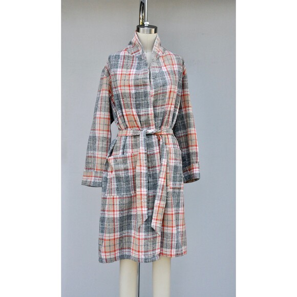 Vintage Unisex Checkered Plaid Robe Bed Jacket Layering Loungewear Duster S - M - Picture 7 of 8